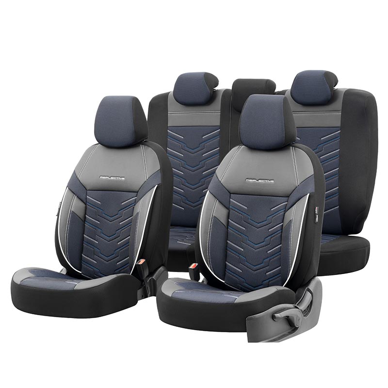 Καλύμματα Αυτοκινήτου Otom Reflective Design Universal Jacquard / Rachel / Δερματίνη Σετ Εμπρός / Πίσω 11 Τεμαχίων Μαύρο Με Μπλε Ραφή RFL-2604